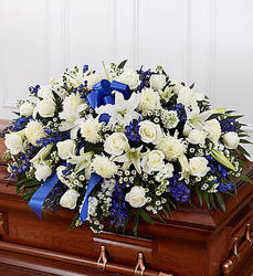 Blue and White Grace Casket Flowers from Martinsville Florist, flower shop in Martinsville, NJ