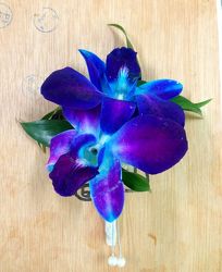 BLUE DENDRO BOUTINEER from Martinsville Florist, flower shop in Martinsville, NJ