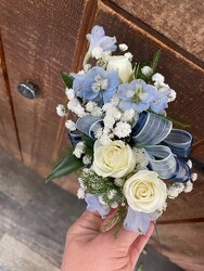 Sweetheart Roses & Delphinium Wristlet from Martinsville Florist, flower shop in Martinsville, NJ