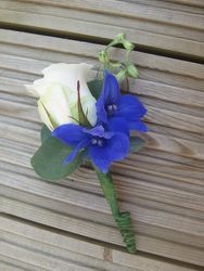 White Rose and Blue Delphinium Boutineer from Martinsville Florist, flower shop in Martinsville, NJ